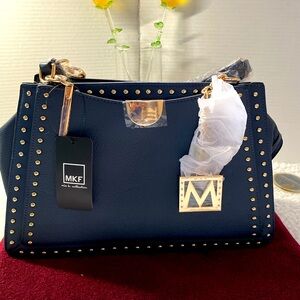 MKF collection, blue leather studded handbag.